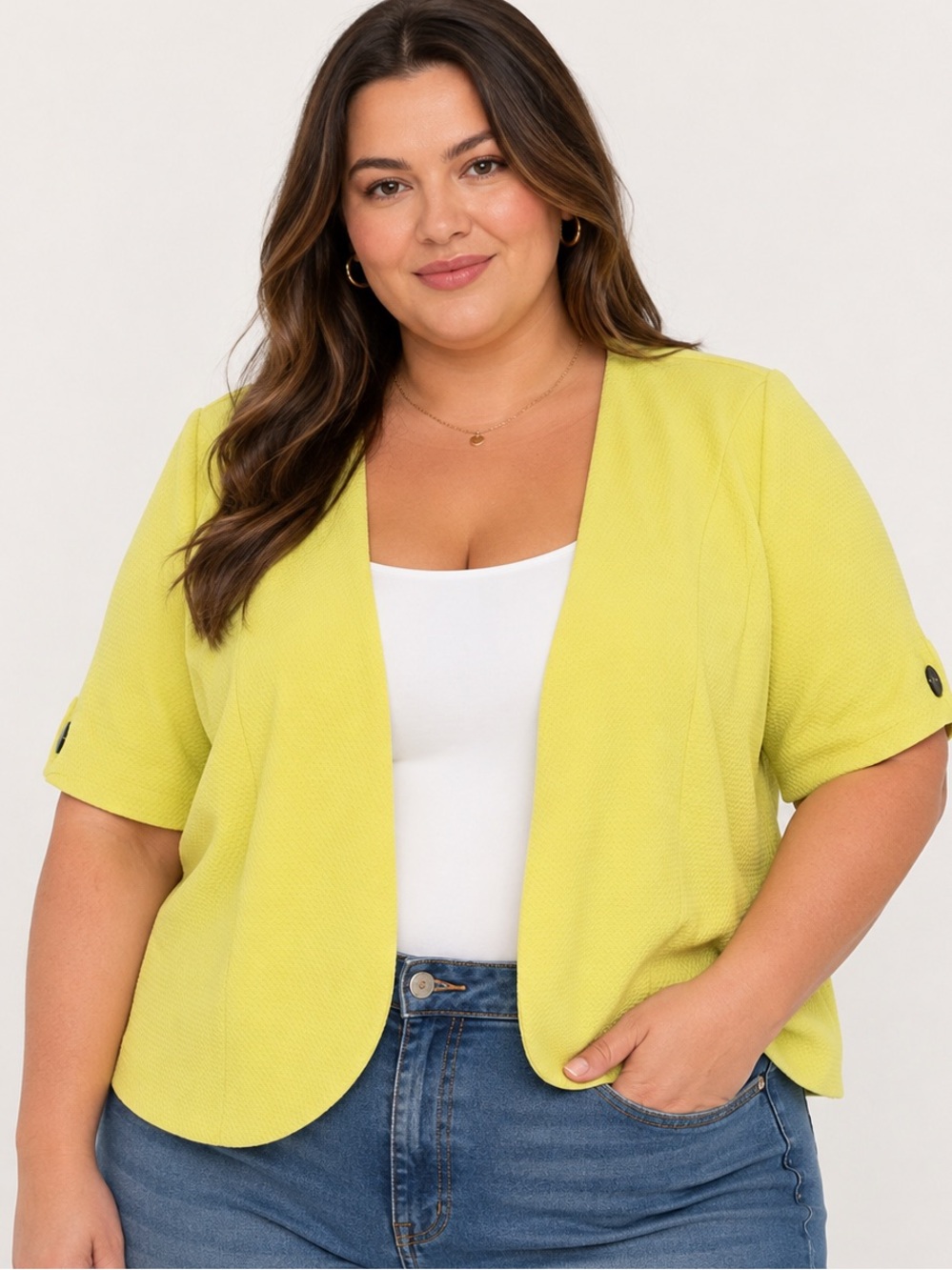 Perceptions Woman 2X Yellow Textured Open Front Cropped Cardigan